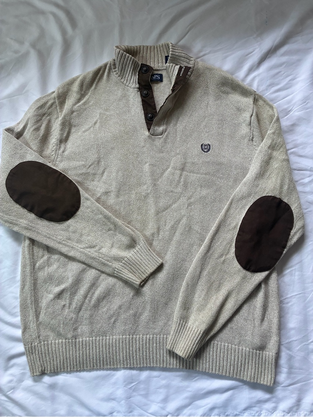 Chaps Men’s Henley Mock Neck Cream Sweater with Brown Elbow Patches